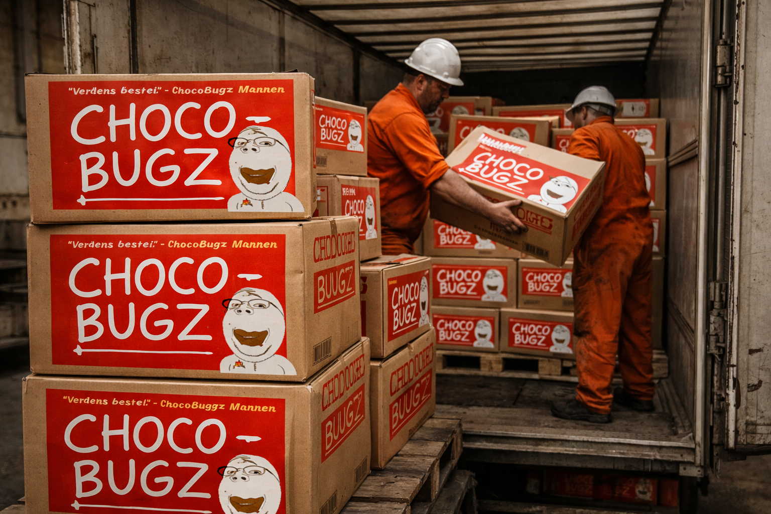 ChocoBugz sjokolade blir lagt inn i varebil, til frakt.